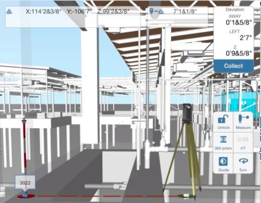 Autodesk field layout running live against a jobsite model