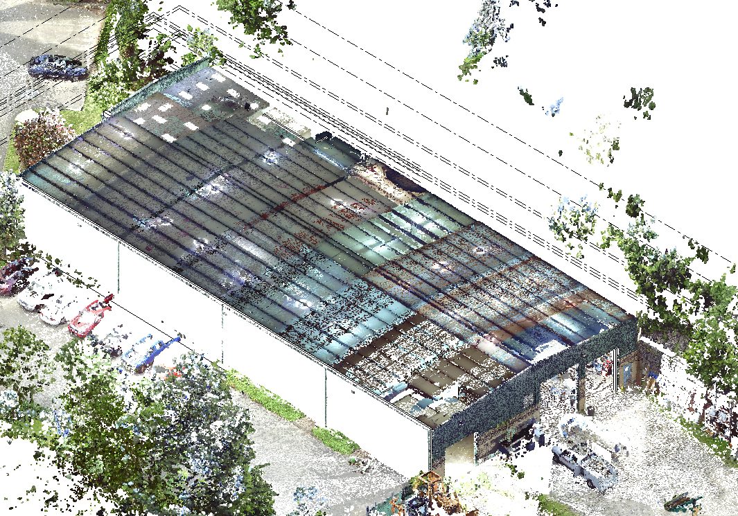 Colorized point cloud of a scanned industrial building